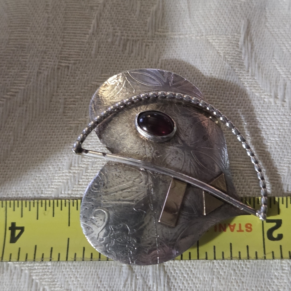 Vintage Lynda Thorp Abstract Heart Brooch, SS, 14k, Garnet - Picture 10 of 11